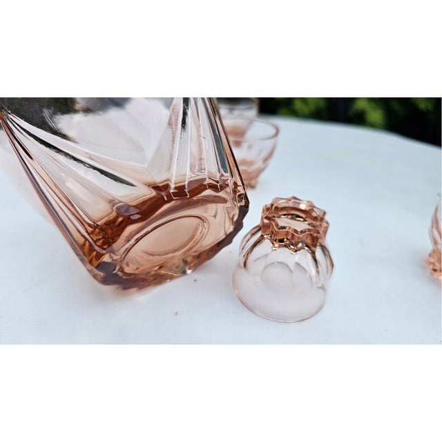 Art Deco Rosaline Glass Decanter and Glasses, 1930s, Set of 7 For Sale - Image 6 of 8