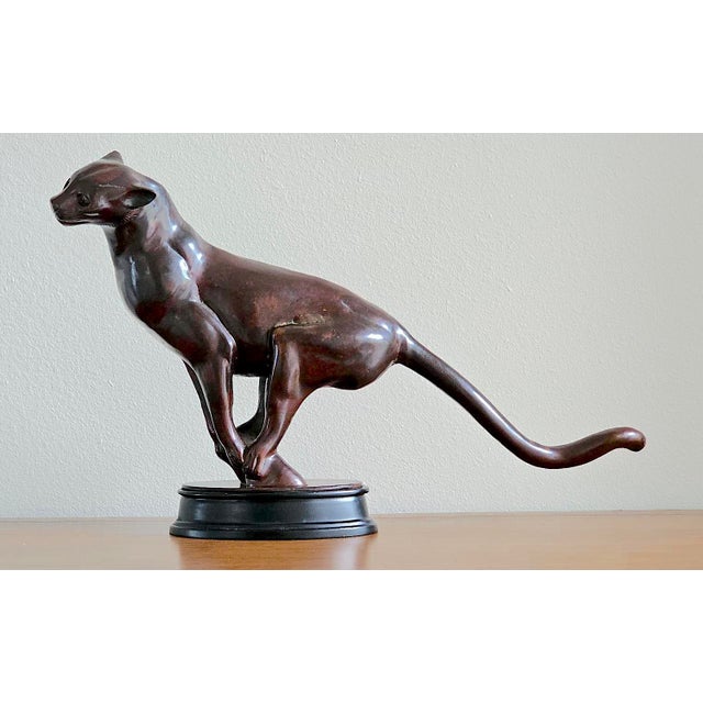 Art Deco Style Patinated Bronze Charging Panther Sculpture on Tiered Base – Hollywood Regency Statement Piece For Sale - Image 4 of 17