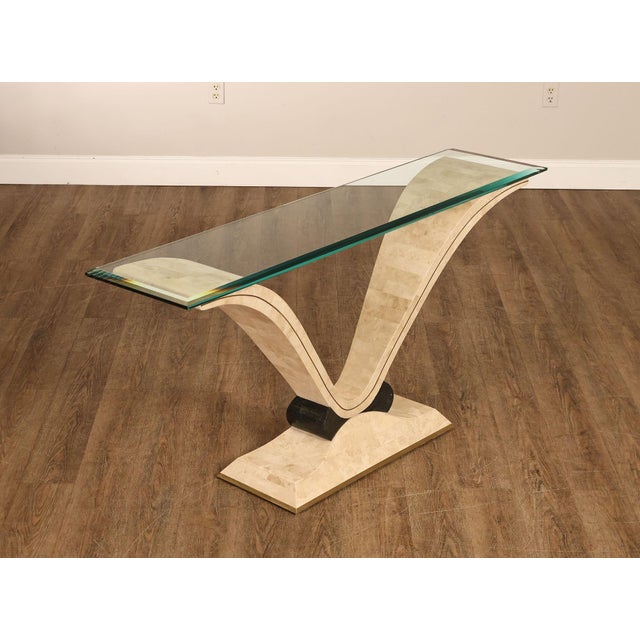 High Quality Tessellated Travertine Console or Hall Table with Thick Beveled Glass Top