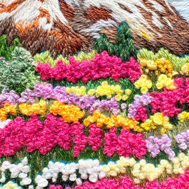 Cerulean Blooming Valley & Snow Peak - Hand-Embroidered Wall Art For Sale - Image 8 of 14
