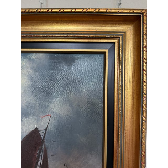 Vintage Signed Oil Painting Stormy Sea Fishing Boats Maritime Seascape Framed For Sale - Image 4 of 10
