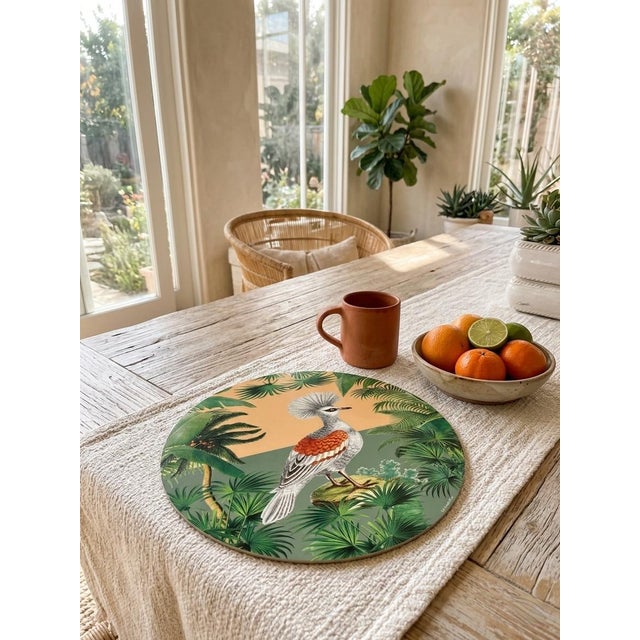 Forest Green Handmade La Corallina Firenze "Jamaica" Series Crowned Crane Round Hard Placemat For Sale - Image 8 of 10