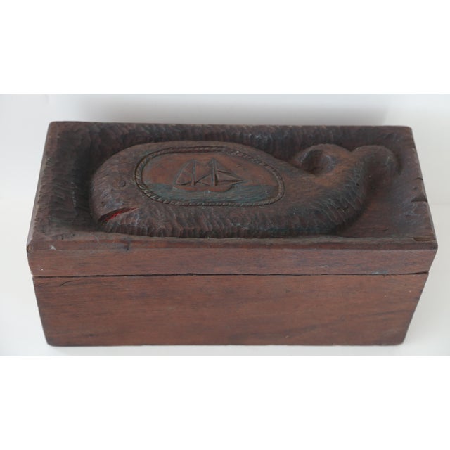 Unbelievable Rare Antique Folk Art Hand Carved Solid Wood Box With Whale Schooner Nautical For Sale - Image 4 of 18