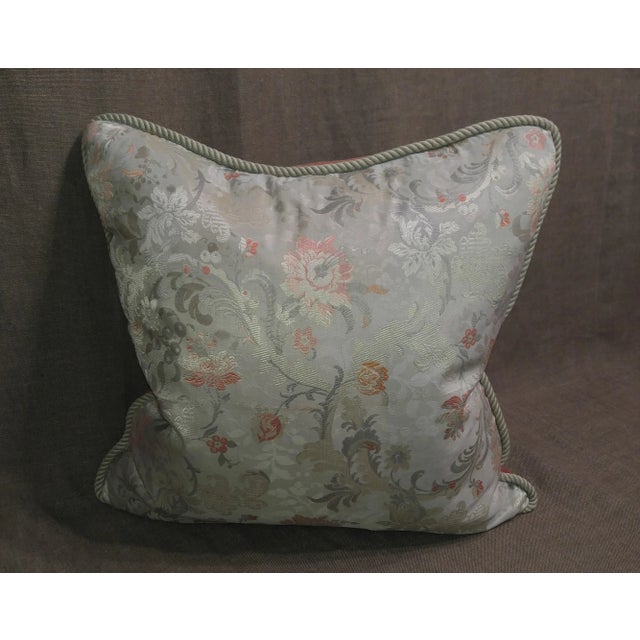 Vintage silk floral fragment throw pillow neutral background with light green, reds and coral colors with welt cord and...