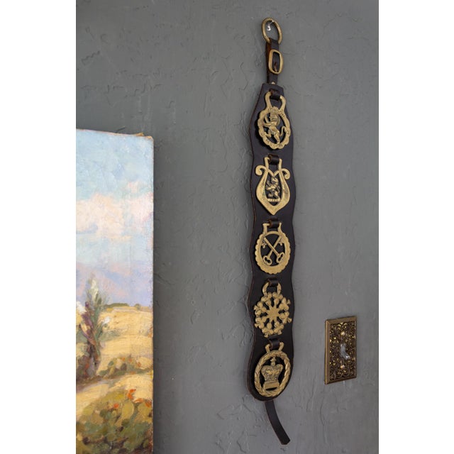 English English Equestrian Five Horse Brass Leather Bridle Strap For Sale - Image 3 of 9