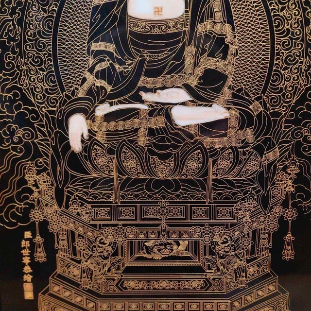 Late 20th Century Large Cloisonné-Style Porcelain Thangka Plaque of Shakyamuni Buddha in Wood Frame For Sale - Image 9 of 9