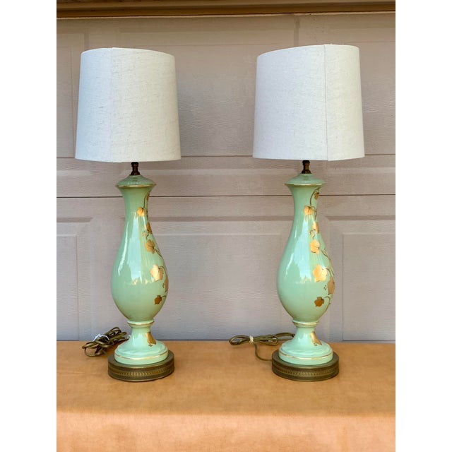 Seafoam Green Porcelain With Gold Leaf Table Lamps With Shades a Pair