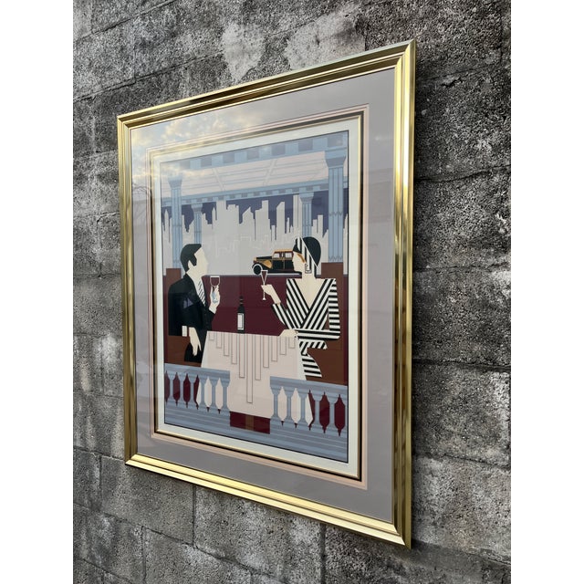 Burgundy Large 1980s Art Deco Revival Framed Silkscreen "Rendezvous" Signed by the Artist. For Sale - Image 8 of 18