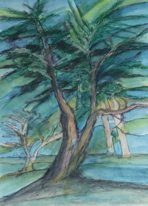 Seymour Tubis "Cypresses" Oil Pastel Landscape, 1982 1982