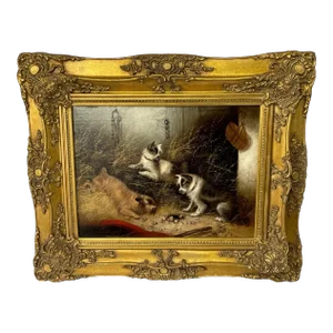 British 19th Century Oil Painting of Three Hunting Terrier Dogs "A Sharp Lookout" Edward Armfield