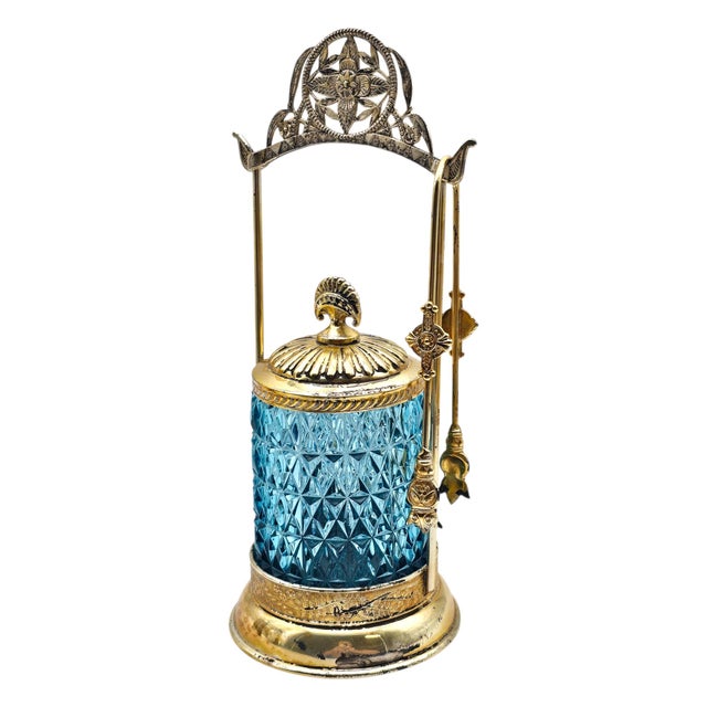 Blue Vintage Aesthetic Daisy Button Blue Glass Pickle Castor Gp Original Tongs 11" For Sale - Image 8 of 18