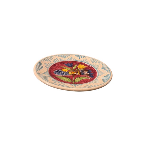 Mediterranean Vintage Hand-Painted Mediterranean Style Terracotta Ceramic Wall Plate – Bird & Tulip Motif For Sale - Image 3 of 11