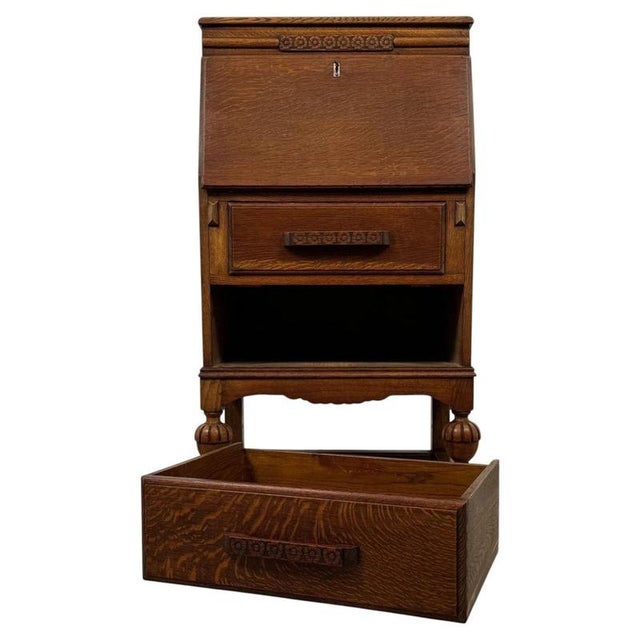 Antique English Golden Oak Secretaire with Mirrored Interior, 1900s For Sale - Image 3 of 14