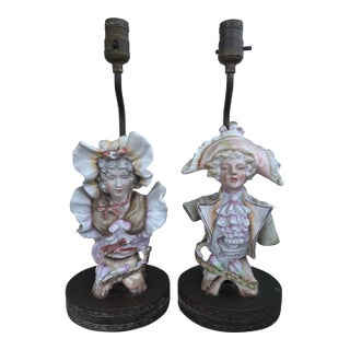 Antique Rococo Revival Porcelain Figural Table Lamps Pair, Hand-Painted, Early 20th Century For Sale