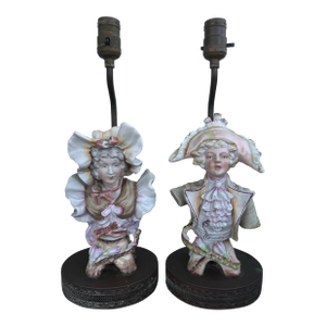 Antique Rococo Revival Porcelain Figural Table Lamps Pair, Hand-Painted, Early 20th Century