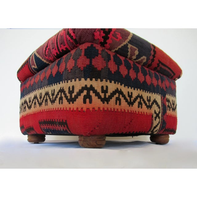 Red Vintage Turkish Kilim Footed Ottoman With Round Wood Turned Feet Made in Pakistan For Sale - Image 8 of 13
