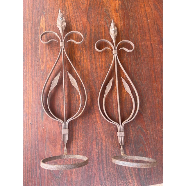 Antique 1920's Handmade Wrought Iron Sconces 2 of them 18" Height 4" diameter pot holder wall hanging. I purchased these...