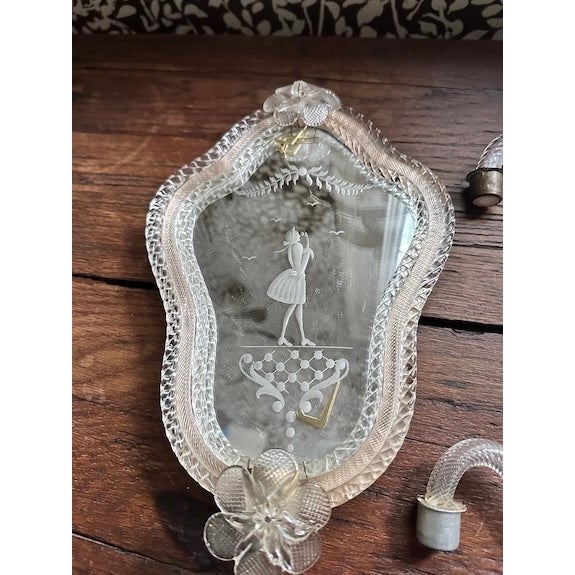 A beautiful pair of Victorian venetian glass two armed sconces with etched figures of a woman. Not electrified. Very good...
