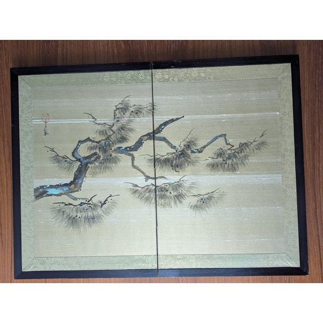 Paper Vintage Japanese 2-Panel Tabletop Byōbu Screen, Gold Leaf & Pearl Inlay Pine — 1970s For Sale - Image 7 of 7