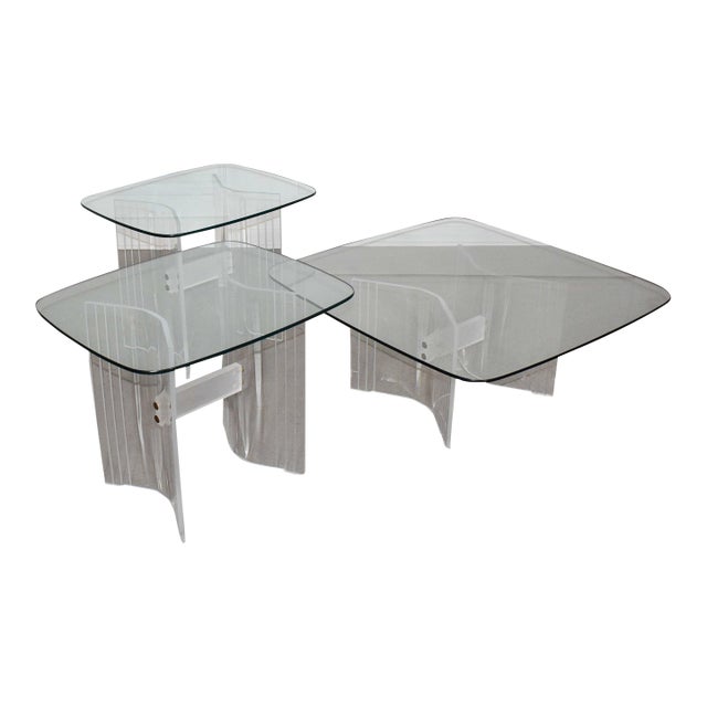 1970's Modern Lined Lucite Trio of Pedestal Tables - Set of 3 For Sale