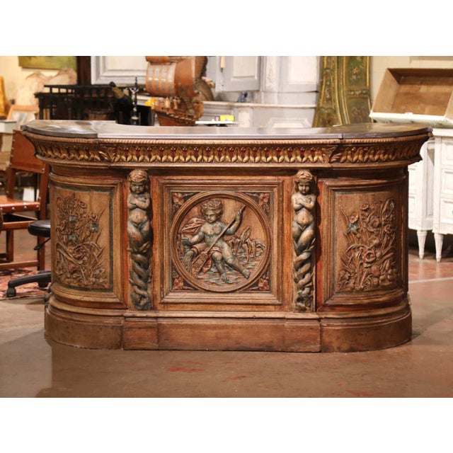 Early 19th Century French Renaissance Carved Oak Dry Bar With Tole Top For Sale - Image 9 of 14