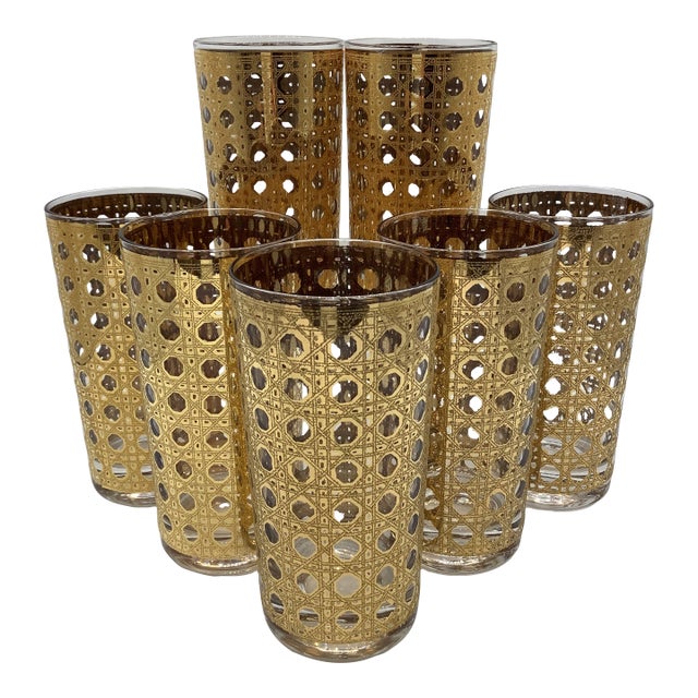 Vintage Culver Cannella 22k Gold Highball Barware Glasses - Set of 7 For Sale