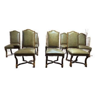 Vintage Minton Spidell Dauphine French Style High Back Olive Leather Dining Chairs. Set of 8 For Sale