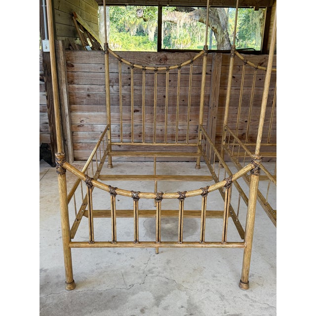 Hollywood Regency Pair of Vintage Faux Bamboo Metal Twin Four-Poster Canopy Beds For Sale - Image 3 of 12