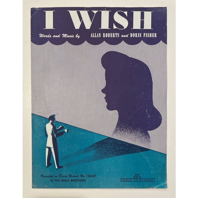 1945 folded sheet music for "I Wish," with an Art Deco silhouette of a lady on the cover. Combined shipping available,...