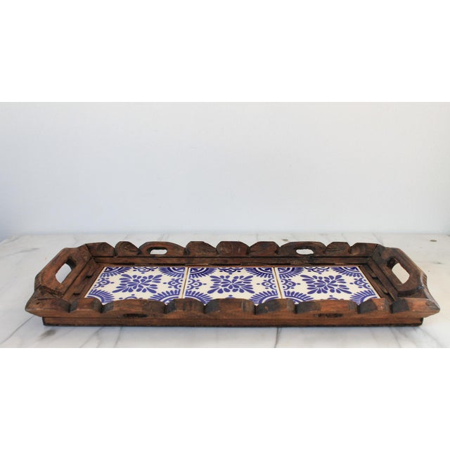 Wood Vintage Hand Carved Mexican Wood and Ceramic Tile Tray For Sale - Image 7 of 9