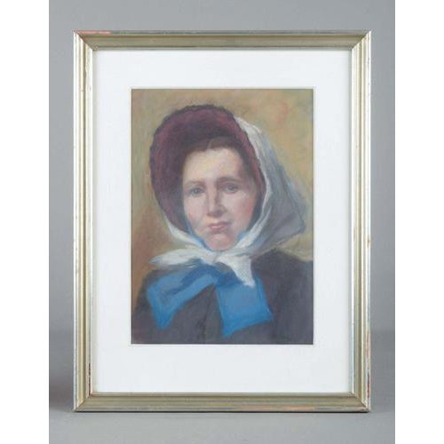 Unknown artist. Pastel on paper. Portrait of a woman wearing a white headscarf, dark bonnet, and blue ribbon. Visual size:...