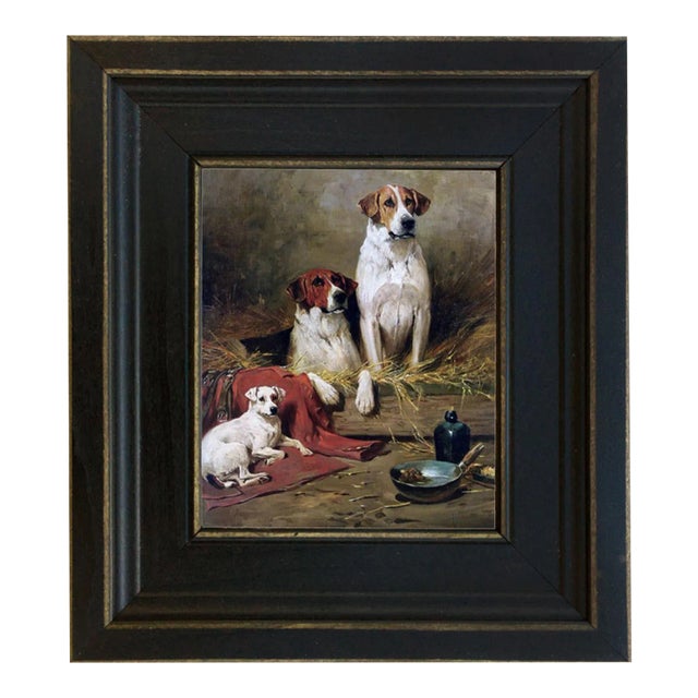 Three Hounds Framed Oil Painting Print on Canvas in Distressed Black Wood Frame For Sale