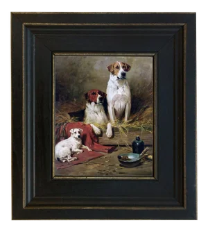Three Hounds Framed Oil Painting Print on Canvas in Distressed Black Wood Frame