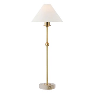 Chapman & Myers by Visual Comfort Signature Caspian Medium Accent Lamp in Antique-Burnished Brass and Alabaster with Linen Shade For Sale