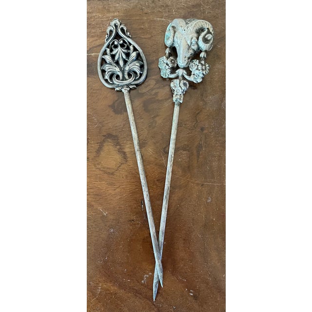 Antique French Neoclassical Silverplate Skewers With Ram's Head and Paisley Design Finials - a Pair For Sale - Image 11 of 12