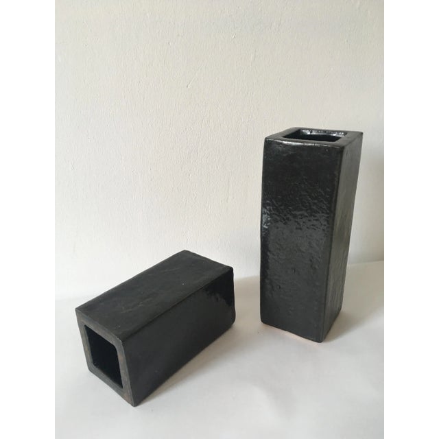 - Black Cube Stoneware set of Vases, 1970s - Ceramic with black- brown glasing - Marked by maker: 12 + 34 - Large Vase...
