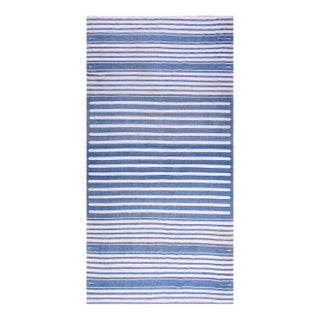 1930s Blue White Stripe Antique Indian Dhurrie Rug 7'9"x15'8" Flatweave Cotton Carpet For Sale