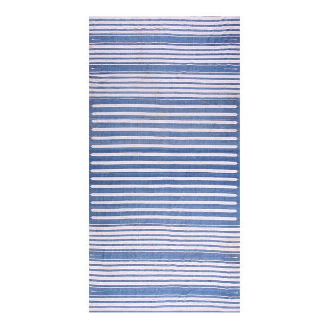 1930s Blue White Stripe Antique Indian Dhurrie Rug 7'9"x15'8" Flatweave Cotton Carpet For Sale