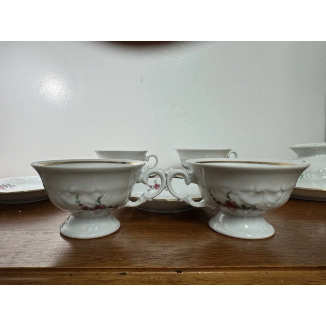 White Vintage Wawel Poland Porcelain Tea Cup Saucer Set 5 Floral Gold Trim - 10 Pcs For Sale - Image 8 of 18