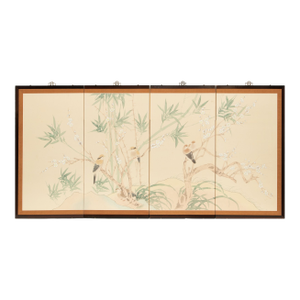 1950-1960s Vintage Four-Panel Painted Screen "Sparrows and Bamboo Trees"