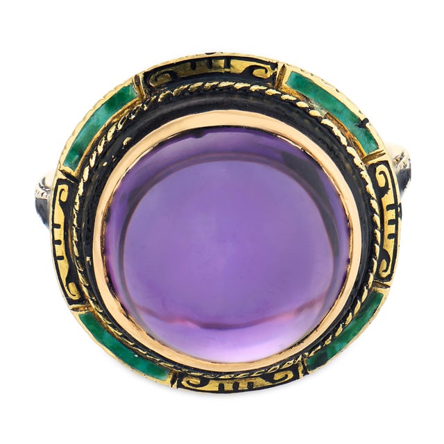 Art Nouveau 1910s Art Nouveau 7.25 Carat Amethyst 14k Yellow Gold Enamel Cocktail Ring, Size 6.75 For Sale - Image 3 of 6