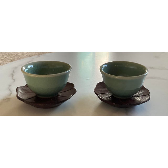 Blue Celadon Style Tea Cups With Wooden Coasters - 4pcs For Sale - Image 9 of 9