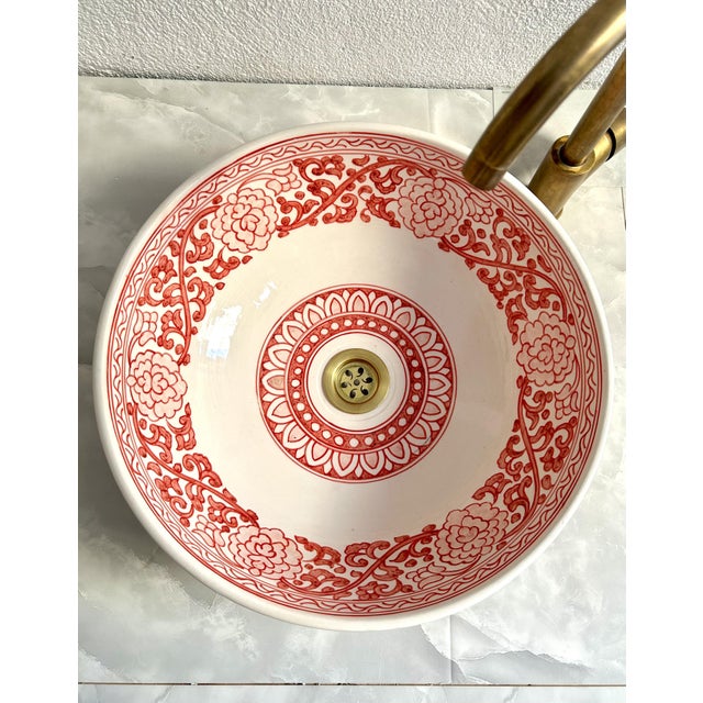 Pink Flower Handcrafted Vessel Basin Ceramic Modern Style, Moroccan Basin Sink Bowl with Brass Drain For Sale - Image 4 of 10