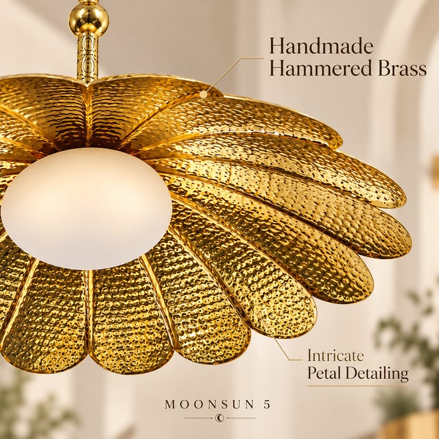 # Handmade Brass Flower Chandelier – Hammered Floral Pendant Light **Bring the beauty of handcrafted floral design into...