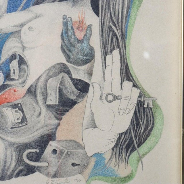 Vintage Surrealist Colored Pencil On Paper Drawing “The Annunciation” Signed By A. W. Guenther C1966 Measures - 14 1/4" x...