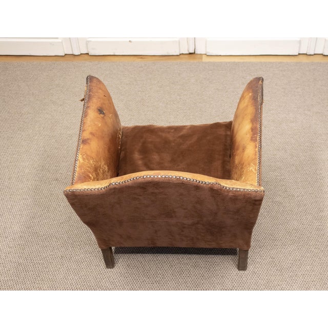 French Sheep Leather and Velvet Lounge Chair in the style of Louis Chambry, 1920s For Sale - Image 11 of 12
