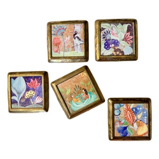 Ceramic Tile Coasters with Brass Frames and Fairytale Motifs, Germany, 1970s, Set of 5 For Sale