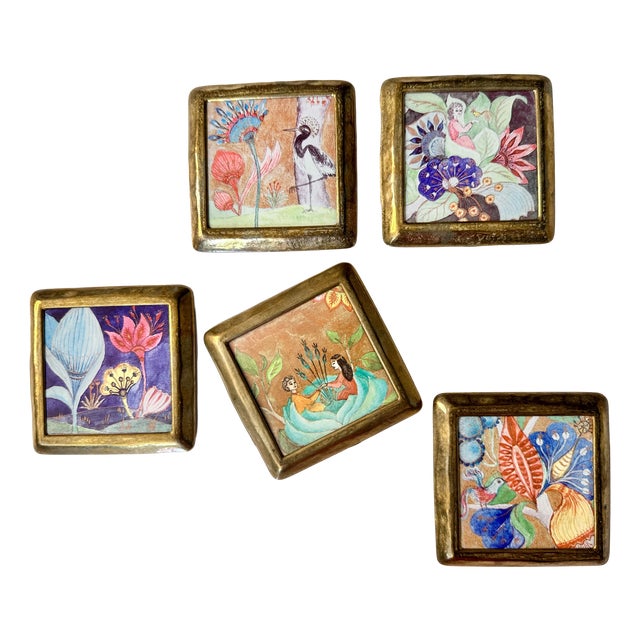Ceramic Tile Coasters with Brass Frames and Fairytale Motifs, Germany, 1970s, Set of 5 For Sale