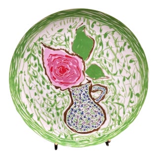 1990's Gloria Vanderbilt Green & Pink Rose Dinner Plate For Sale