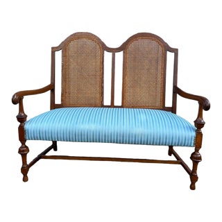 Early 20th Century Antique Tiger Oak Cane Back and Satin Upholstered Bench For Sale